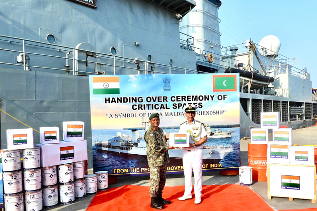 Deputy Chief of Naval Staff of Indian Navy hands over operational spares for MNDF Coast Guard Ship Huravee to Maldives CDF
