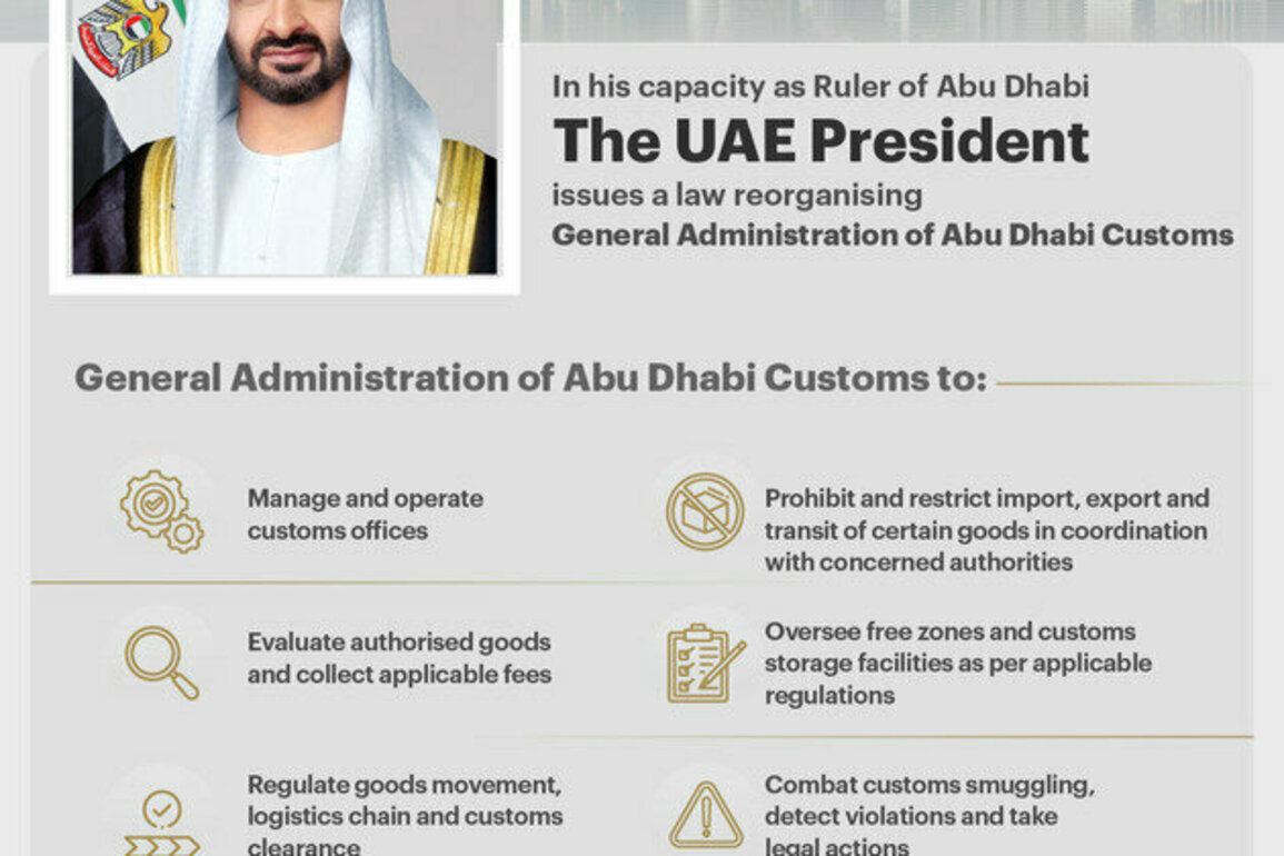 In his capacity as Ruler of Abu Dhabi, UAE President issues law reorganising General Administration of Abu Dhabi Customs