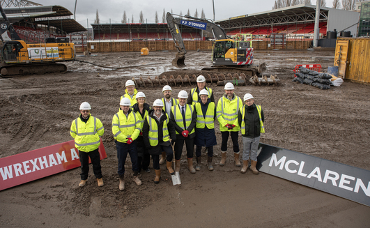 The ground breaking ceremony at the redevelopment site of Wrexham AFC’s Kop Stand at the STōK Cae Ras