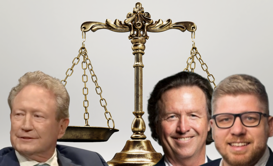 Fortescue’s lawsuit accused three former executives of using its research to build their start-up — claims the trio consistently denied. Pictured: (left) Fortescue boss Andrew Forrest; (right) ElementZero CEO Michael Masterman and CTO Bart Kolodziejczyk.