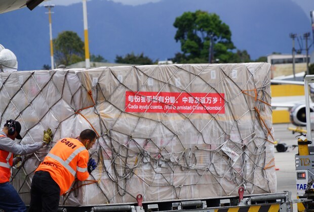 Chinese government delivers humanitarian earthquake relief supplies to Colombia, arriving in Bogota to aid disaster response efforts.