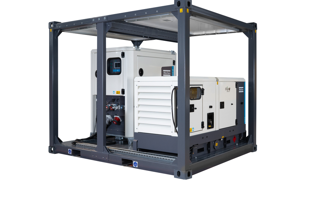 The Atlas Copco modular hybrid generator EPH combines the ZBP energy storage system with a QAS Stage-V generator in a single, durable crash frame