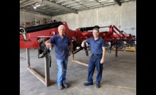  John Branton, tillage assembly team leader at McIntosh Distribution, with Duncan Murdoch, working on the latest Morris C3 Contour drills. Image courtesy McIntosh Distribution.