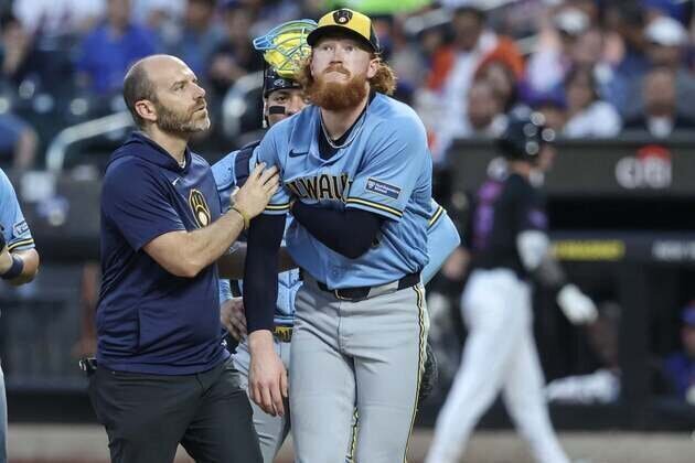 Brewers' Dustin May drilled by first-pitch liner; X-rays negative