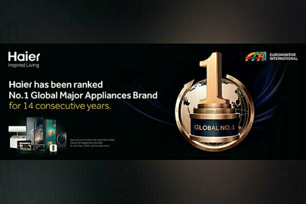 Haier awarded as the no.1 Global Major Appliances Brand for the 14th consecutive year