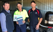  Andrew Pollard (Netafim), Ian Hamono (Hamily P/L) and Luke Nagle (Advanced Ag) at Ian's sub-surface drip irrigation pump site.