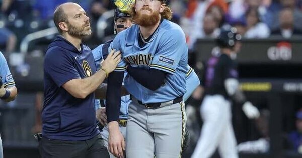 Brewers' Dustin May drilled by first-pitch liner; X-rays negative