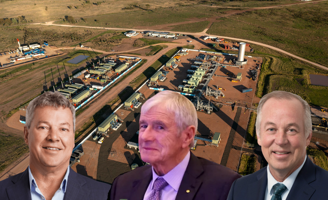 Left: BlueScope boss Mark Vassella; right: Beach Energy chief Brett Woods; and stuck in the middle, Seven’s Kerry Stokes. Pictured: Senex Energy’s Atlas Project in the Surat Basin, which will supply ~20 PJ to BlueScope over 10 years from 2026.