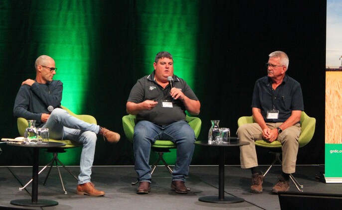 Agronomists Sam Holmes and Michael Moodie and consultant Bill Long at the GRDC Update in Adelaide earlier this year. Photo by Claire Harris.