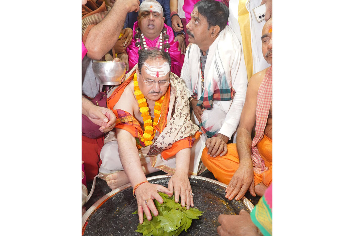 Union Minister JP Nadda offers prayers at Shree Baba Baidyanath Jyotirlinga Temple in Deoghar