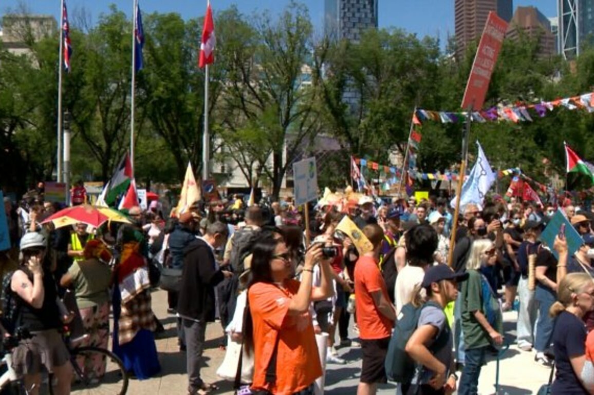 Hundreds of protesters rally in downtown Calgary ahead of G7 summit