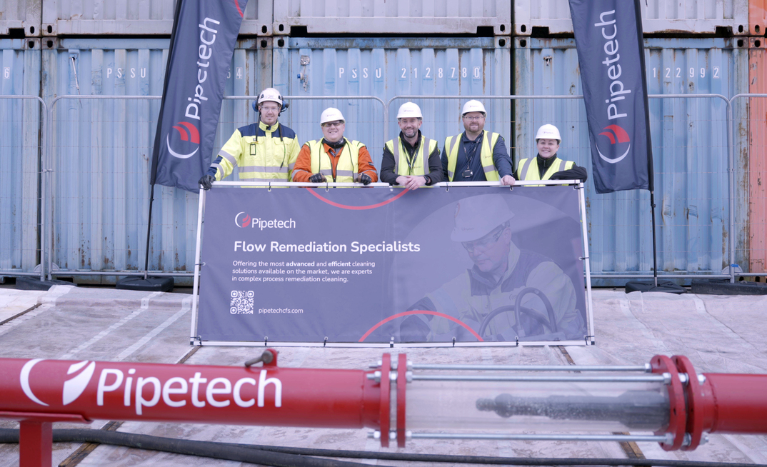 The Pipetech team alongside the DSR - (l to r) Håvard Nicolaysen, project manager; Stewart Mcintosh, DSR project manager; Leonard Hamill, operations director; Gavin Booth, business development manager; Kerri Glennie, operations support