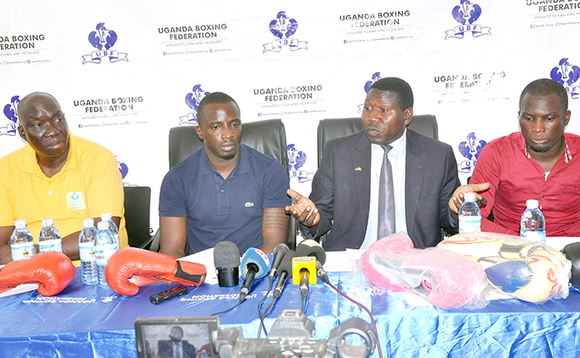Simon Barigo (ku kkono) ssaabawandiisi wa UBF, Moses Muhangi pulezidenti w'ekibiina kino, David Katende omumyuka wa ssaabawandiisi wa NCS ne Sulaiman Ssenyonjo omwogezi wa UBF, mu lukung'aana lwa bannawulire Simon Barigo (ku kkono) ssaabawandiisi wa UBF, Moses Muhangi pulezidenti w'ekibiina kino, David Katende omumyuka wa ssaabawandiisi wa NCS ne Sulaiman Ssenyonjo omwogezi wa UBF, mu lukung'aana lwa bannawulire