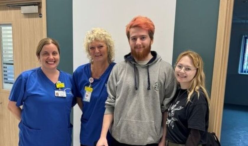 Grace McMahan and Sally Margetts from the respiratory sleep services team with patient Kieron Moore and his girlfriend Amber (c) East Kent Hospitals NHS University Foundation Trust 