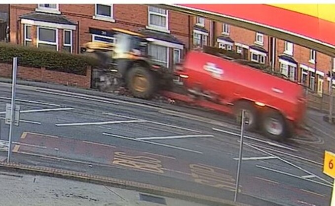 The moment a JCB tractor collided with several homes on Vicars Cross Road in Chester. The moment a JCB tractor collided with several homes on Vicars Cross Road in Chester.
