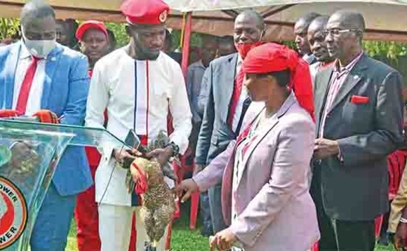 Nambooze ng’akwasa Kyagulanyi ssegwanga y’enkoko. Emabega we ye Rev. Bakaluba Mukasa ate asooka ku kkono ye mubaka omulonde Fred Ssimbwa. Nambooze ng’akwasa Kyagulanyi ssegwanga y’enkoko. Emabega we ye Rev. Bakaluba Mukasa ate asooka ku kkono ye mubaka omulonde Fred Ssimbwa.