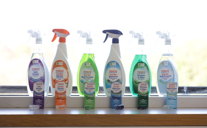 Tesco's new cleaning spray bottle range can be refilled by mixing concentrated solution capsules with water | Credit: Tesco 