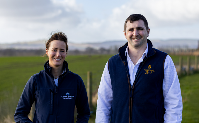 Carina Calder, who grows wheat on her farm in the Scottish Borders, pictured with Ben Gothorp, sustainability manager at Simpsons Malt.