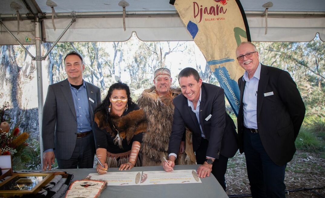 Pictured at the signing ceremony: Ammar Al-Joundi, DJAARA chairwoman Rebecca Phillips, Rodney Carter and Agnico Eagle vice presidents Ion Hann and John Landmark. Image supplied by Agnico Eagle