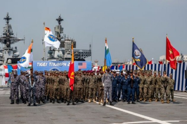 India-US forces aboard INS Jalashwa for opening of Exercise Tiger Triumph 2025