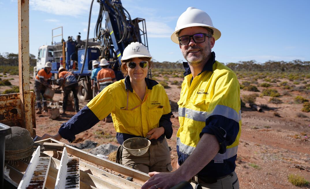 Lefroy CEO Graeme Gribbon and project geologist Honor Wilson on-site at the Lefroy project.