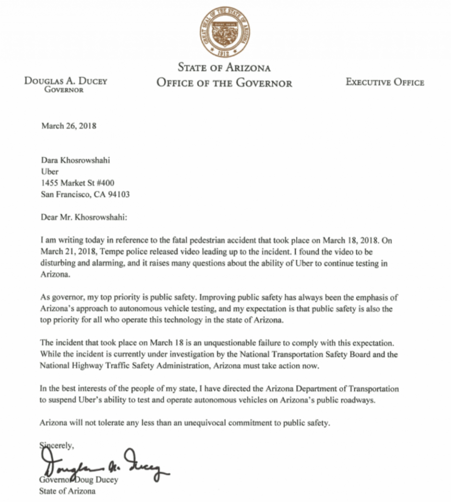 Arizona governor tells Uber to stop testing in his state